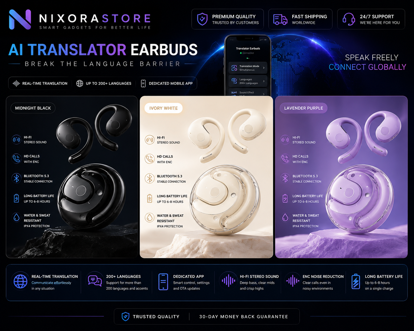 Smart AI Translation Earbuds – Real-Time Translator, 200+ Languages, Bluetooth 5.3