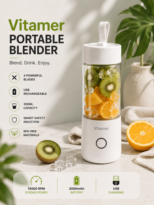 Vitamer 350ml Portable Blender – USB Rechargeable Smoothie & Juice Maker, 4 Blades