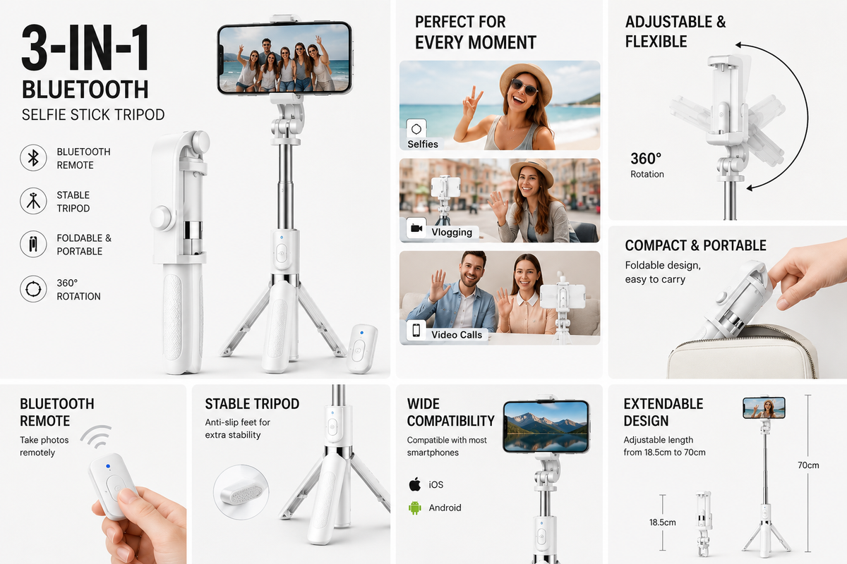 3-in-1 Bluetooth Selfie Stick & Tripod