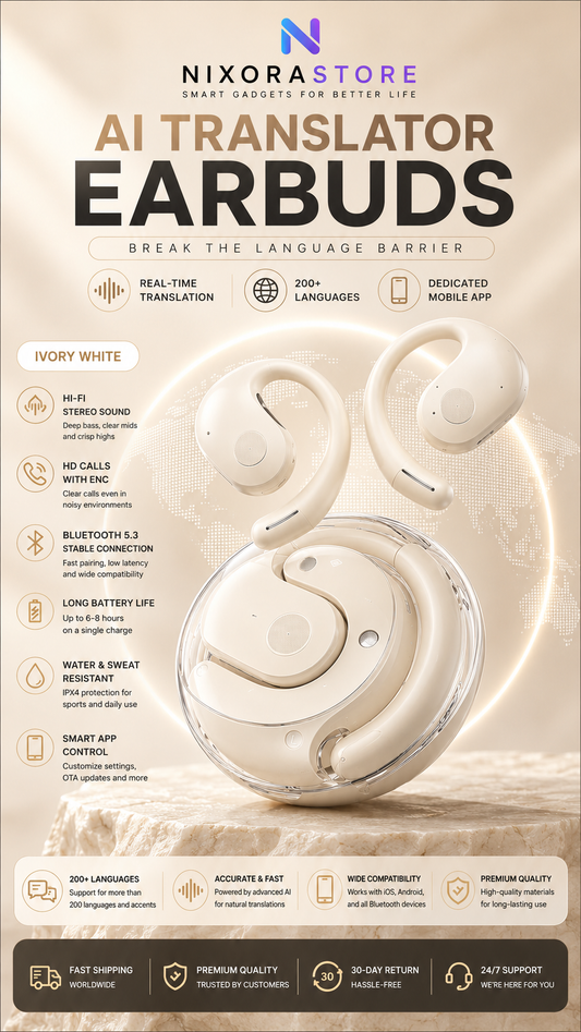 Smart AI Translation Earbuds – Real-Time Translator, 200+ Languages, Bluetooth 5.3