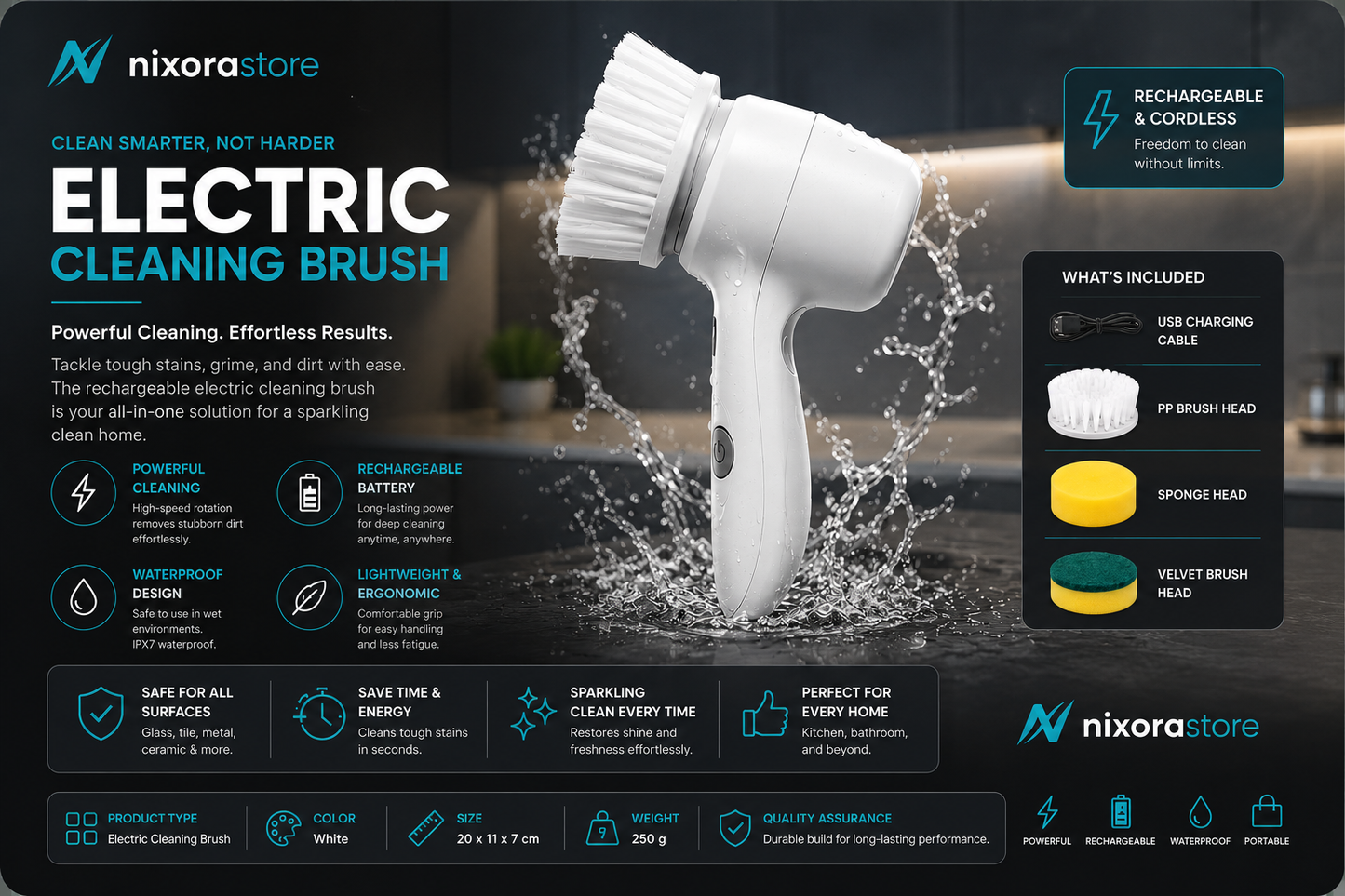 Nixora SpinClean™ Pro – 4-in-1 Cordless Cleaning Brush