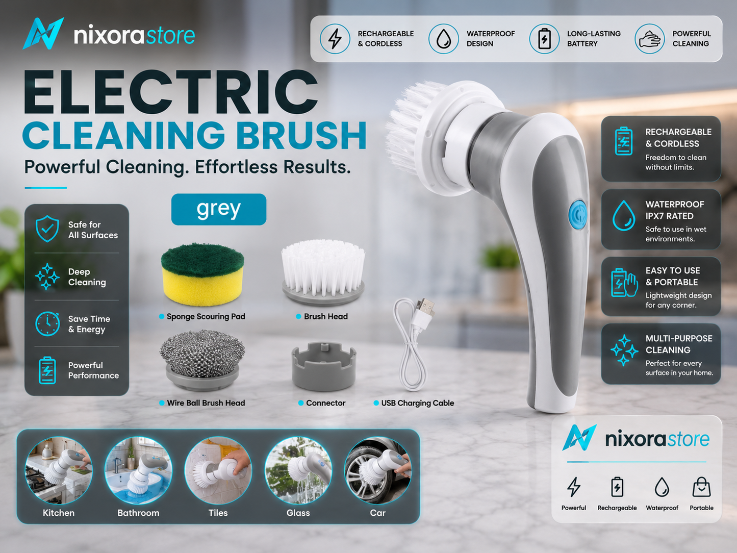 Nixora SpinClean™ Pro – 4-in-1 Cordless Cleaning Brush