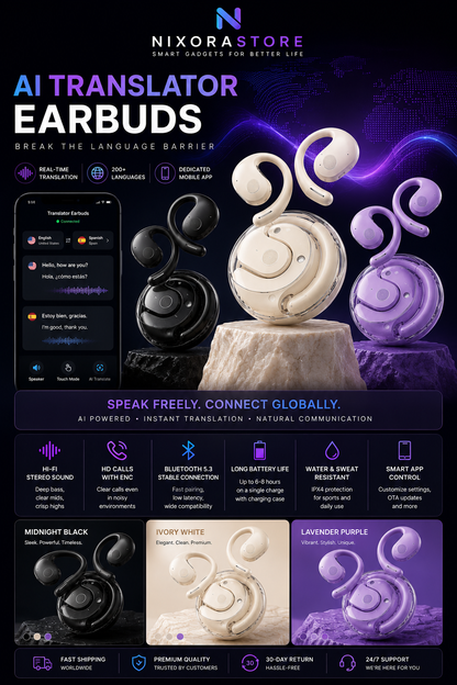 Smart AI Translation Earbuds – Real-Time Translator, 200+ Languages, Bluetooth 5.3