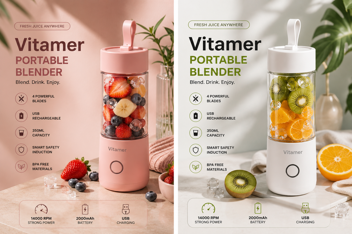Vitamer 350ml Portable Blender – USB Rechargeable Smoothie & Juice Maker, 4 Blades