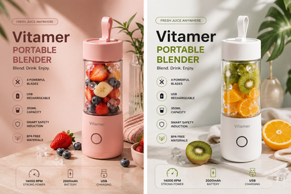Vitamer 350ml Portable Blender – USB Rechargeable Smoothie & Juice Maker, 4 Blades