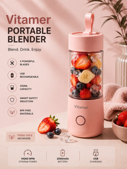Vitamer 350ml Portable Blender – USB Rechargeable Smoothie & Juice Maker, 4 Blades