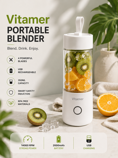 Vitamer 350ml Portable Blender – USB Rechargeable Smoothie & Juice Maker, 4 Blades