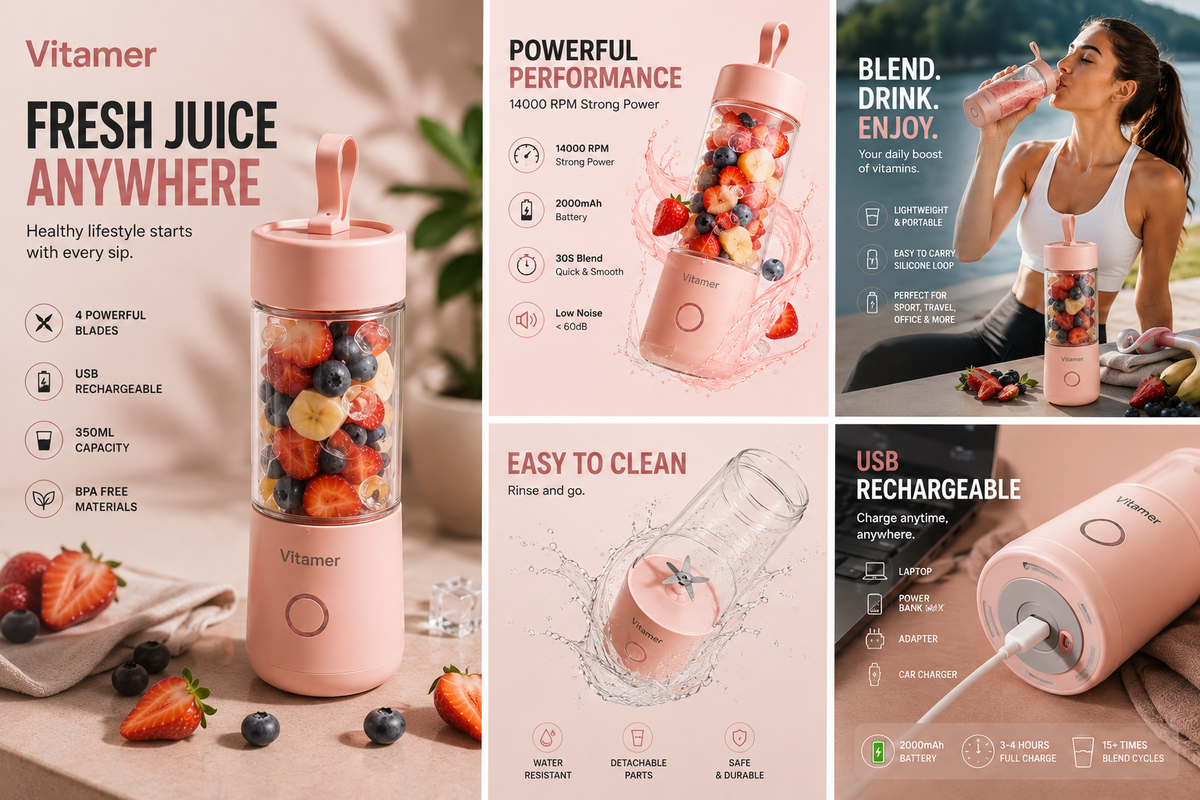 Vitamer 350ml Portable Blender – USB Rechargeable Smoothie & Juice Maker, 4 Blades